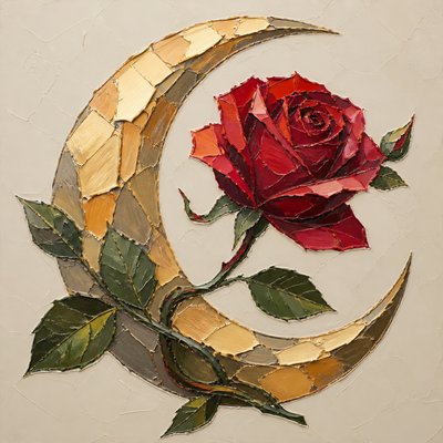 a rose entwined with a crescent moon, clean balanced composition on a plain background, no text