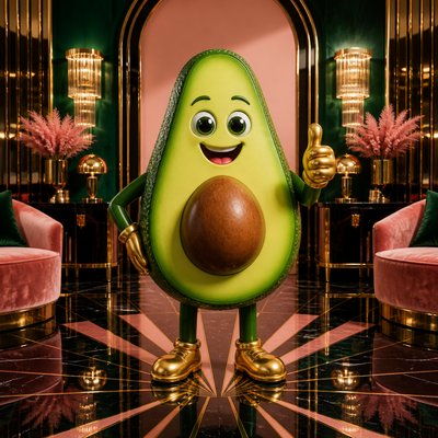 a happy avocado character giving a thumbs up, bold readable design on a plain background, no text