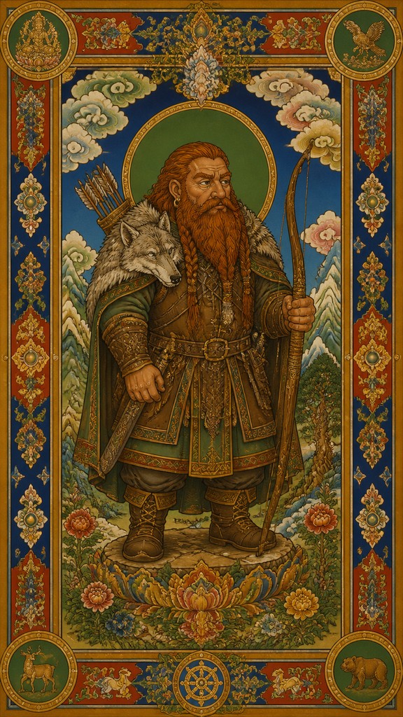 full-body original character: a dwarven ranger with a braided auburn beard, worn leather armor, a longbow and a wolf-pelt cloak, neutral background, no text