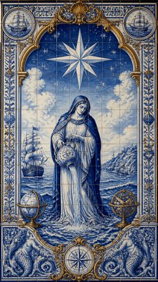 a robed figure pouring water beneath a large eight-pointed star in a night sky, symmetrical composition with an ornate decorative border, no text