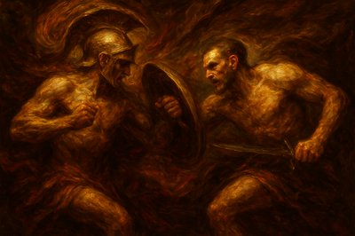 a painting of two naked men looking in a mirror