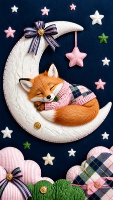 a sleeping baby fox curled on a crescent moon among soft stars, gentle and warm, no text