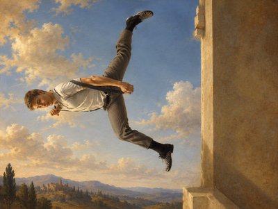 a painting of a man jumping in the air