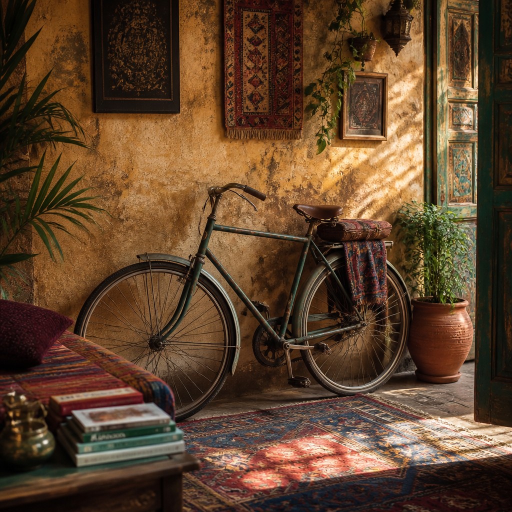 bicyle resting against a wall
