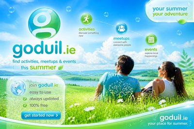 green field landscape. 2 or more people as friends. Promote social web "goduil.ie" for the summer to find activities, meetups and events