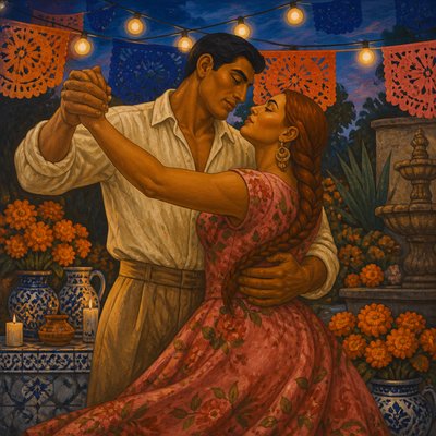 an original couple dancing under string lights in a garden at dusk: a man with short black hair in a linen shirt and a woman with braided red hair in a summer dress