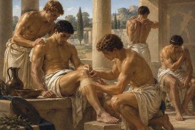 ancient greek athletes help each other attend to bruises and sore muscles after gymnasium training
