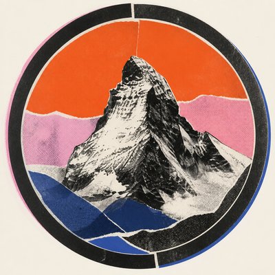 an emblem of a mountain peak inside a circle, simple bold shapes on a plain background, no text or lettering