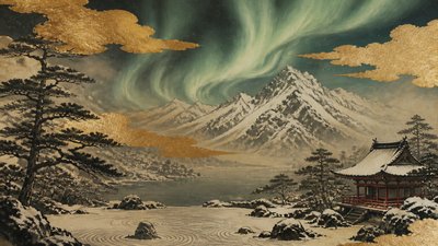 a flowing aurora over snowy peaks, wide sweeping composition, no people, no text