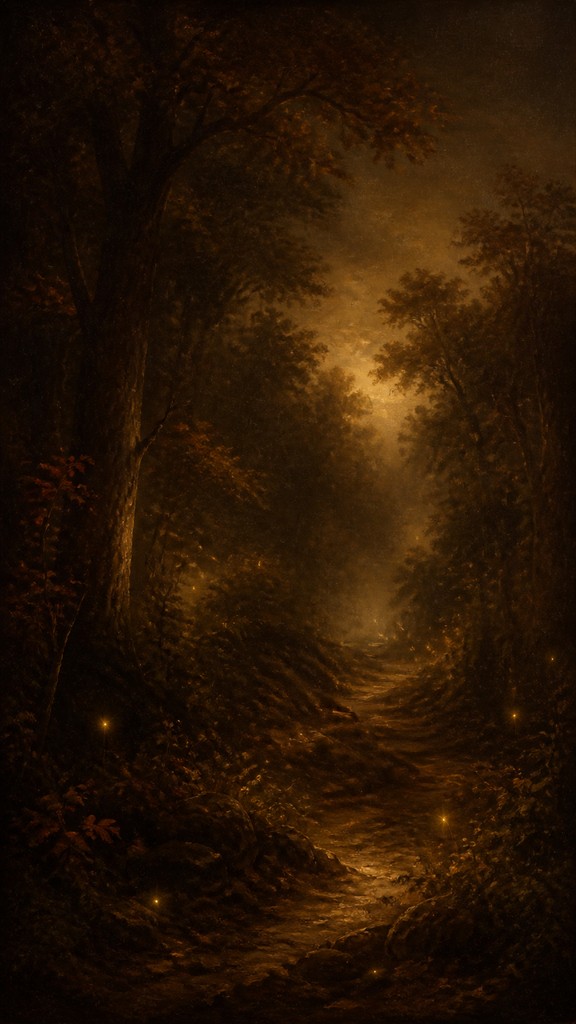 a mysterious forest path with fireflies and drifting mist, atmospheric vertical composition with open space at the top, no text