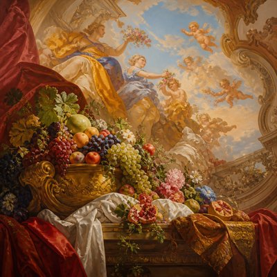 still life arrangement of fruits and flowers