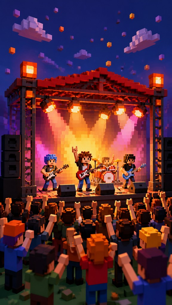 a live music scene with a glowing stage and silhouetted crowd, energetic vertical composition with open space at the top, no text