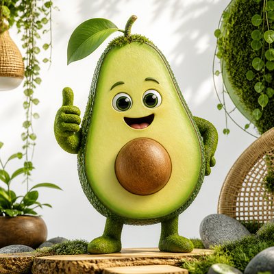 a happy avocado character giving a thumbs up, bold readable design on a plain background, no text