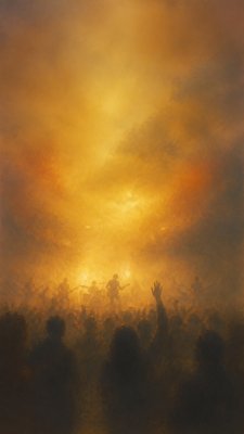 a live music scene with a glowing stage and silhouetted crowd, energetic vertical composition with open space at the top, no text