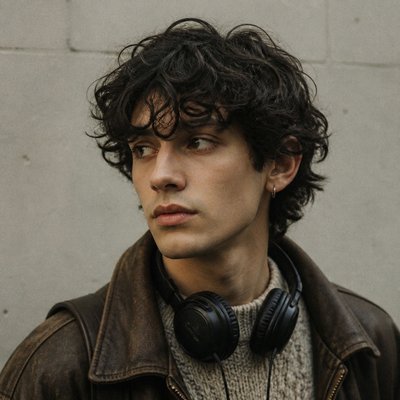 head-and-shoulders portrait of an original character: a young man with curly dark hair and headphones around his neck, plain backdrop, no text