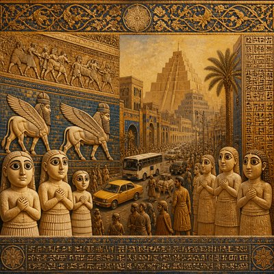 urban street with city activity — Iraqi Art Style