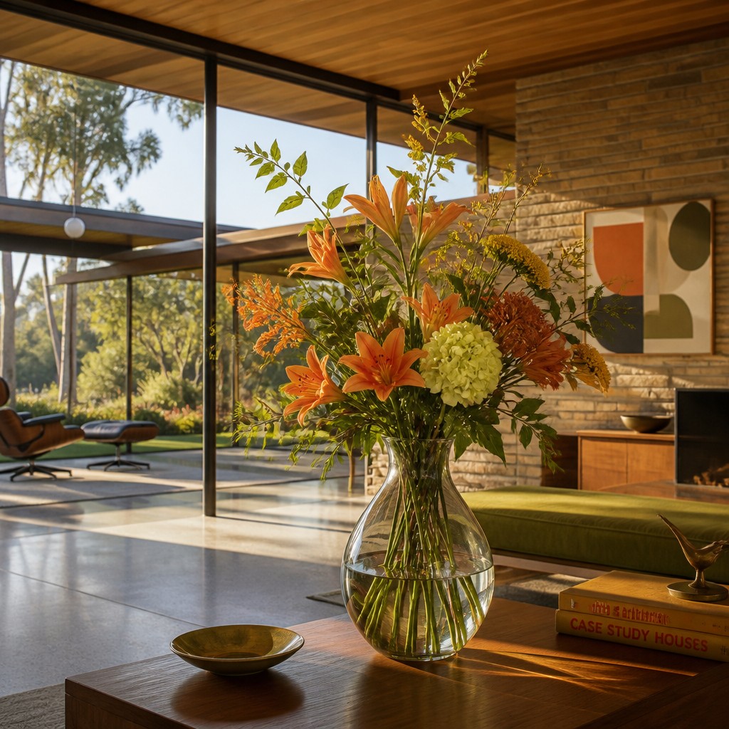 bouquet of flowers in a glass vase — Mid-Century Modern Architecture