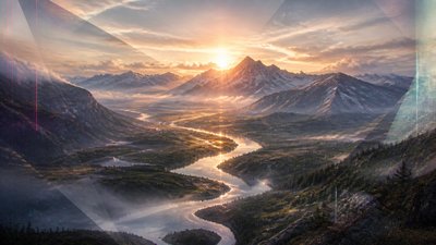 a vast valley with a river winding toward distant mountains at sunrise, no people, no text