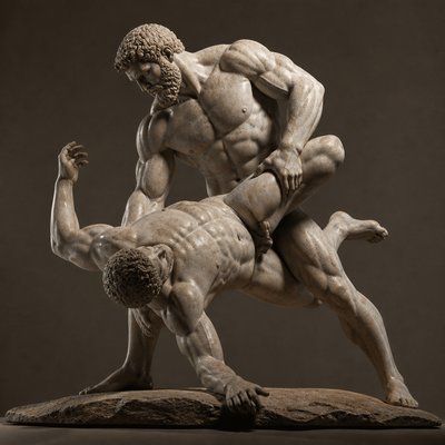 ancient greek athlete throwing another athlete to the ground