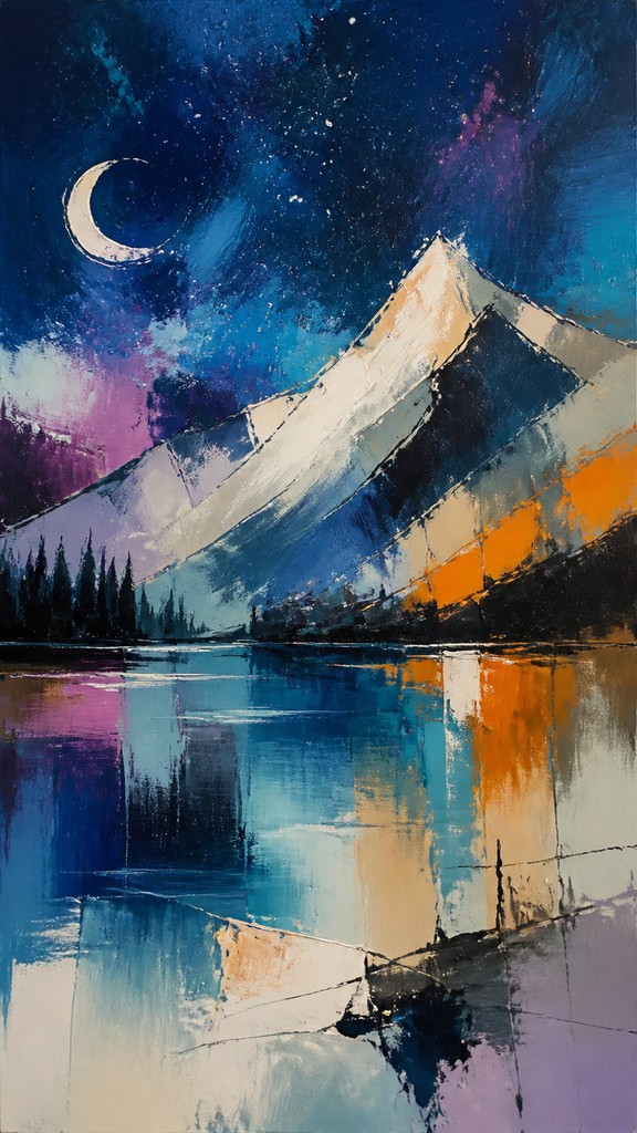 a tranquil mountain lake beneath a starry night sky, no people, no text