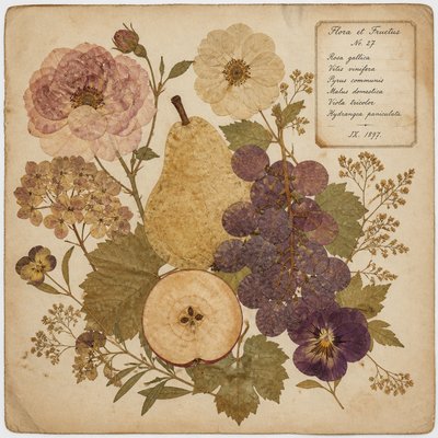 still life arrangement of fruits and flowers