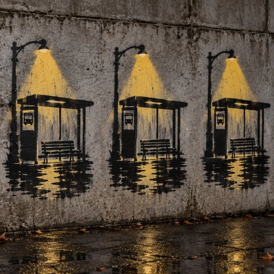 Rain-soaked bus stop glowing beneath one streetlamp, empty bench reflecting puddles