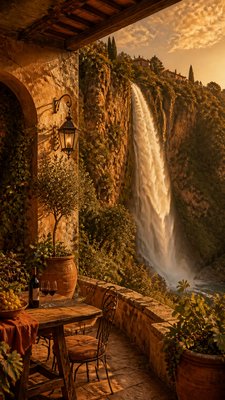 towering waterfall cascading down a cliff
