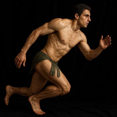 a man with no shirt running on a black background