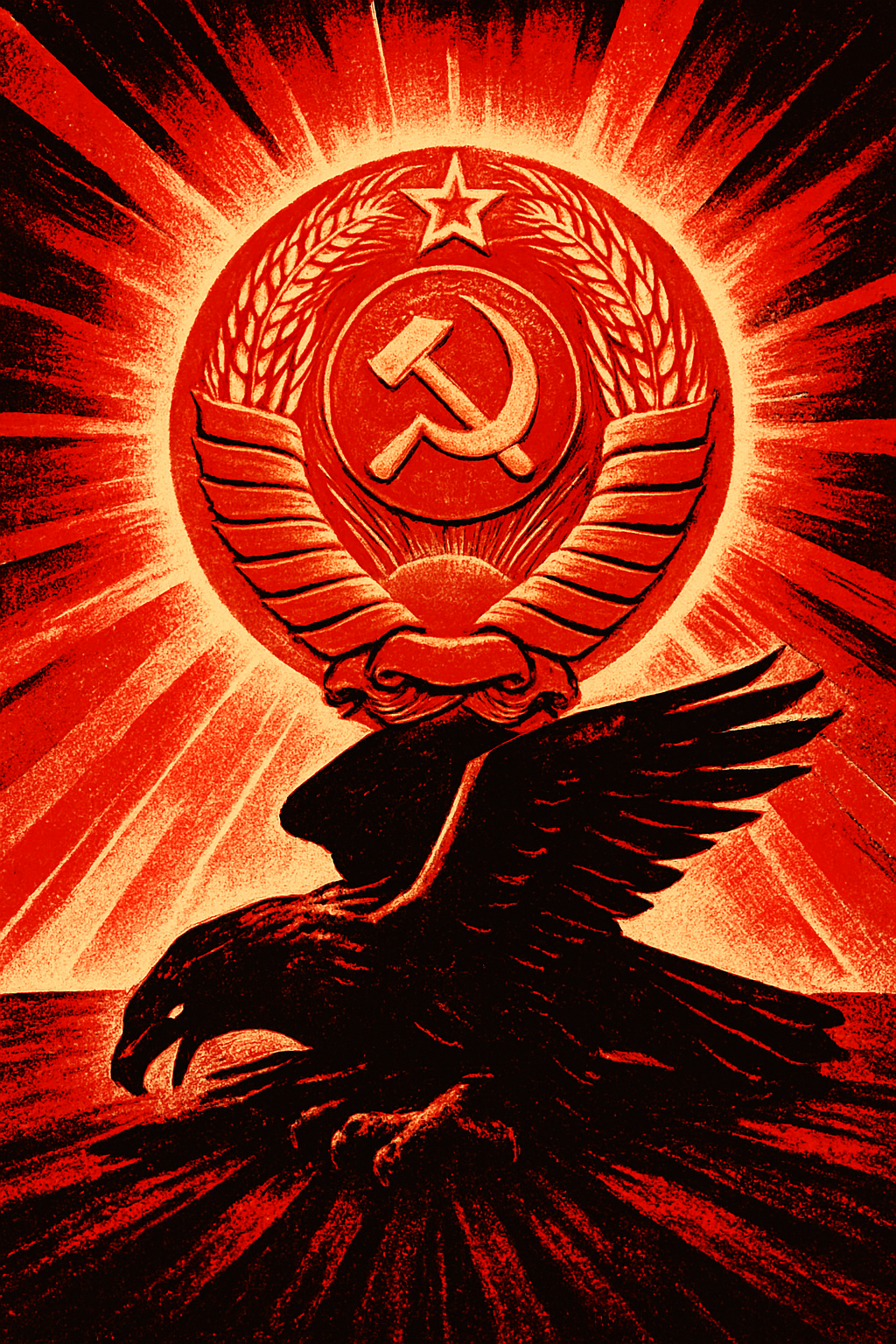 A massive, solid metal USSR emblem glows harshly in red and gold, radiating intense, blinding light. The emblem is firmly pressed down onto the back of a large, dark eagle, which is clearly pinned and crushed beneath its weight. The eagle’s wings are forcibly flattened and bent outward, feathers distorted, body warped under the relentless pressure. Its legs and torso are pressed into the ground, unable to move, showing literal physical force. The emblem dominates the composition, casting sharp, dramatic shadows across the dark eagle. The scene is rendered in bold, graphic socialist propaganda poster style, with high-contrast colors, simplified forms, exaggerated perspective, and stylized lighting. Harsh rays of light radiate from the emblem, emphasizing power and oppression. No abstract symbolism, no heroic balance, no floating elements — only a monumental emblem pressing down, physically immobilizing the eagle.