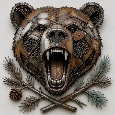 a roaring bear head above crossed pine branches, bold graphic composition on a plain background, no text