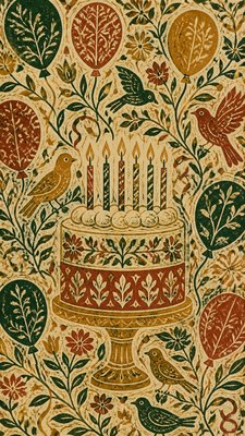 a birthday cake with lit candles surrounded by balloons and confetti, festive vertical composition, no text