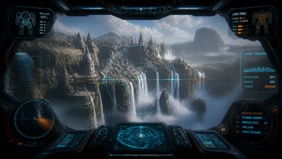 a cliffside city with waterfalls cascading into a misty canyon, wide establishing shot, no people, no text