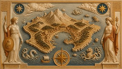 a map of an island realm with mountains, forests, a sheltered bay, sea monsters in the water and a compass rose, no text labels