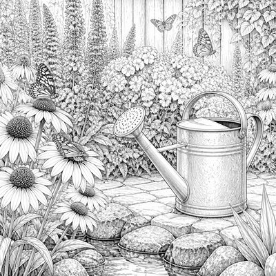 a garden scene with butterflies, flowers and a watering can, clean uncolored line art, no text