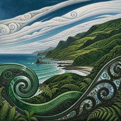 wide landscape with natural scenery — New Zealand Art Style
