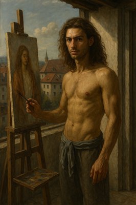 a painting of a man standing in front of a painting