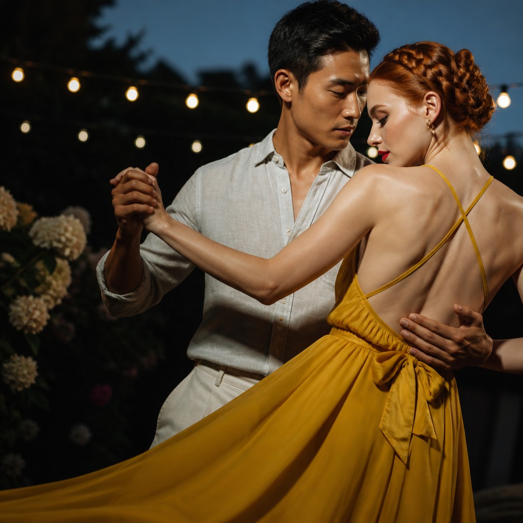 an original couple dancing under string lights in a garden at dusk: a man with short black hair in a linen shirt and a woman with braided red hair in a summer dress