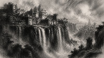 a cliffside city with waterfalls cascading into a misty canyon, wide establishing shot, no people, no text