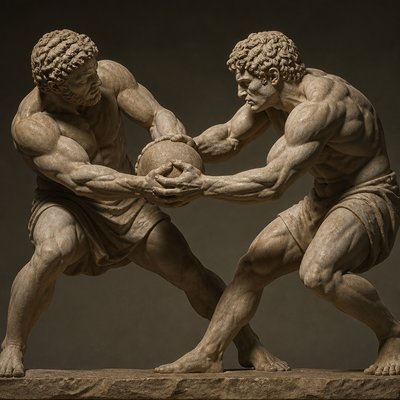 two ancient greek athletes both grabbing a ball to tear it away from the other
 