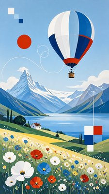 a hot air balloon drifting over rolling flower fields on a sunny day, cheerful, no text