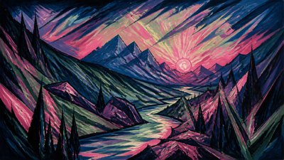 a vast valley with a river winding toward distant mountains at sunrise, no people, no text