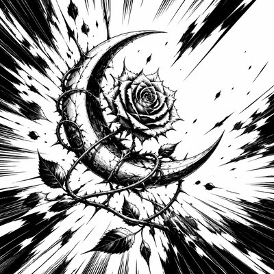 a rose entwined with a crescent moon, clean balanced composition on a plain background, no text