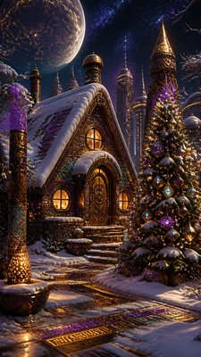 a snow-covered cottage with warm glowing windows beside a decorated pine tree, gentle snowfall, no text