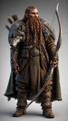 full-body original character: a dwarven ranger with a braided auburn beard, worn leather armor, a longbow and a wolf-pelt cloak, neutral background, no text