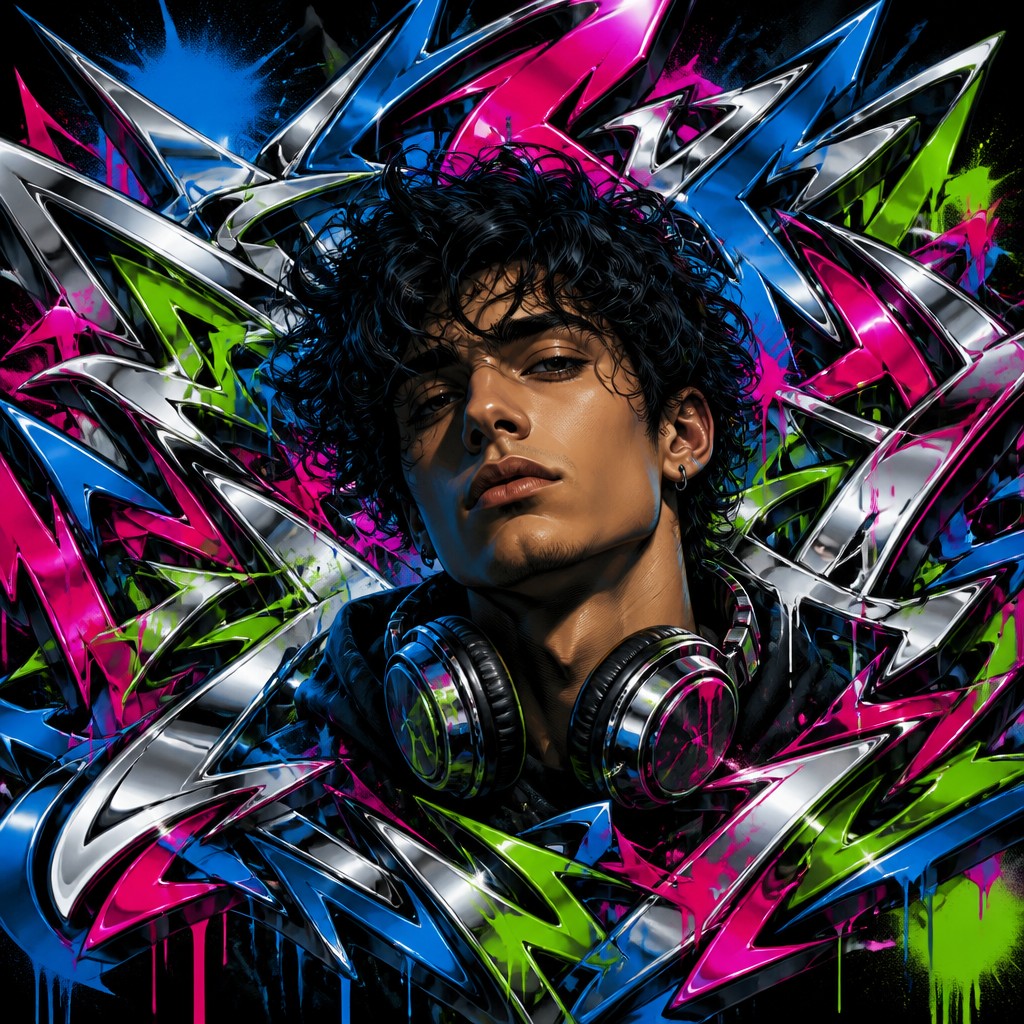 head-and-shoulders portrait of an original character: a young man with curly dark hair and headphones around his neck, plain backdrop, no text