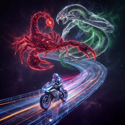 Neon-Futurism Digital Art Style, Bioluminescent Sci-Fi Cosmic Setting. A sleek, futuristic scene set deep in the interstellar void, with absolutely no Earth terrain, asphalt, or atmosphere visible. The Path (The Ecliptic): The "road" is a floating, translucent highway constructed entirely of glowing blue and orange laser grids and condensed stardust, arcing through infinite dark space with dynamic curves. The Rider: A lone rider on a futuristic, hubless "light-cycle" sportbike speeds along this cosmic path at high velocity. The rider is fully encased in a sleek, glowing armored suit with an integrated full-face helmet, leaving a vibrant neon light trail behind them, evading danger with sharp maneuvers. The Constellation (Intense Scorpio and Ophiuchus): Dominating and towering overhead is the immense celestial symbol of Scorpio: a massive, menacing scorpion made of deep crimson glowing stars, luminous energy threads, and bioluminescent nebula plasma, with razor-sharp claws extended and a long curved tail with a glowing stinger poised to strike downward. Directly intertwined and looming even larger above is the abstract form of Ophiuchus, the Serpent Bearer—no full humanoid figure, but represented by powerful restraining arms of shimmering silver and emerald stardust energy that grip and coil around the great serpent (a huge, writhing, translucent serpent of deep green and indigo nebulae). The serpent's body twists through the scene, partially merging with or being restrained from the scorpion's stinger, creating a dramatic overhead struggle. The floating cosmic highway arcs directly under this chaotic overhead clash, so the rider speeds beneath the extended claws of Scorpio while evading their grasp, passing through the shadows of the restrained serpent and Ophiuchus's holding energy as if threading a needle of peril and balance. Radiating intense deep red, crimson, emerald, indigo, and silver lights against the swirling nebula-filled void. Ultra-detailed, cinematic tension, sense of motion and imminent danger.

