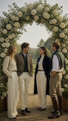 an arch of white roses and eucalyptus in soft morning light, elegant vertical composition with open space, no text
