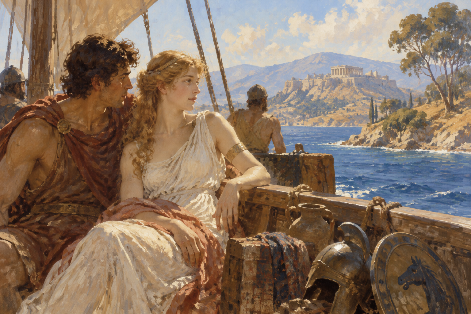 Paris with Helen of Troy on the deck of a ship sailing towards Greece