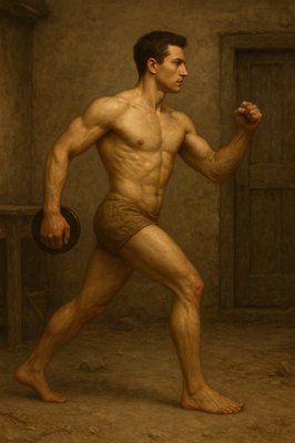 a painting of a man holding a disc