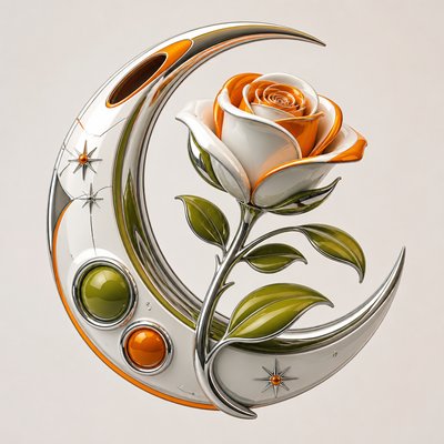 a rose entwined with a crescent moon, clean balanced composition on a plain background, no text